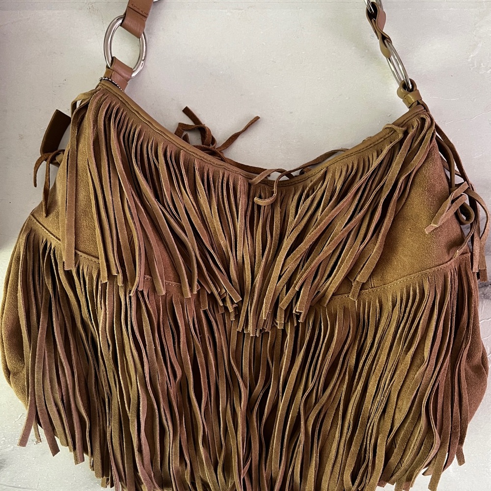 Brown Suede Hobo Bag with Fringe Detailing